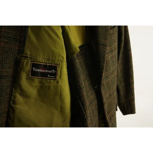 Vintage 1950s Penneys x Harris Tweed 42R Green Orange Shadow Plaid Sport Coat
